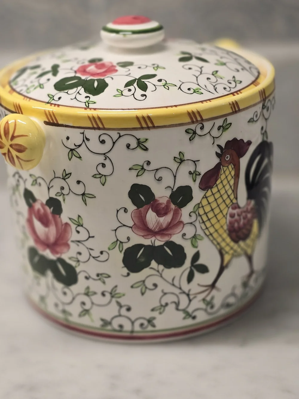 Roses And Rooster Ceramic Kitchen Canister - Yellow, Pink, Green